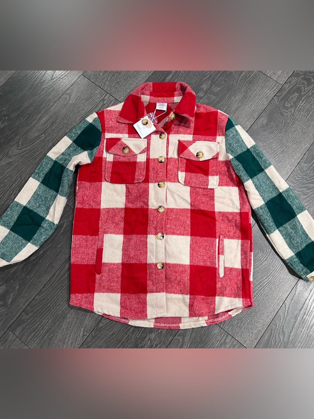 Fashion by Mirabeau Red & Green Plaid Shacket Oversized Shirt Jacket Medium NWT